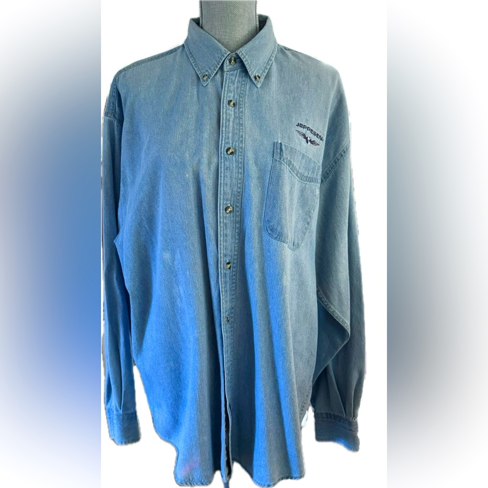 Port & Co Boeing Jeppesen Button Down Denim Shirt Unisex Great Vint Mens Size L